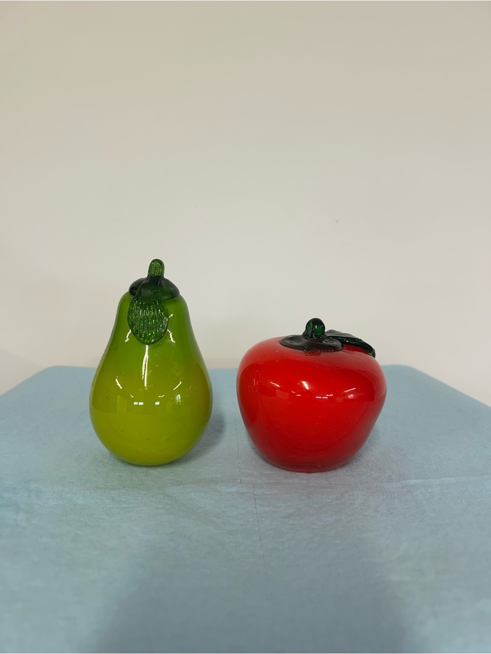 Green Glass Pear and Red Glass Apple Decorative Set